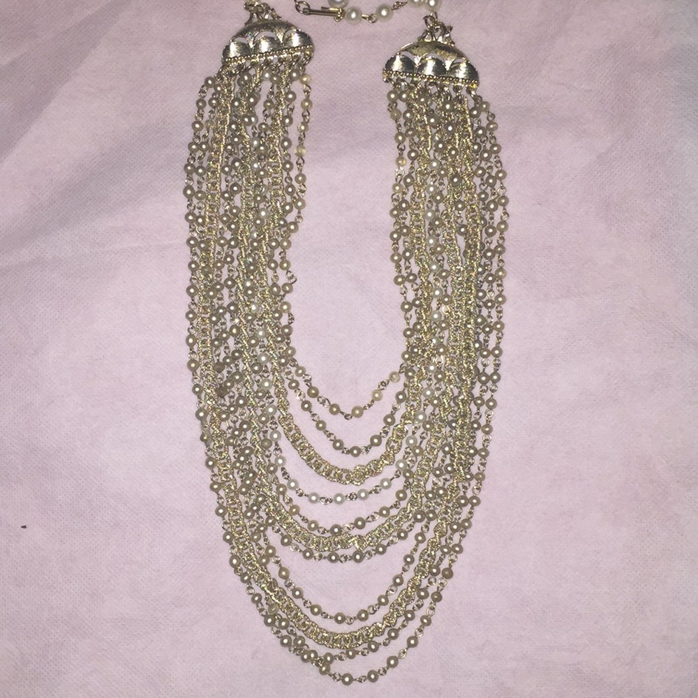 Vintage 11 Strands Gold Tone Faux Pearl Necklace